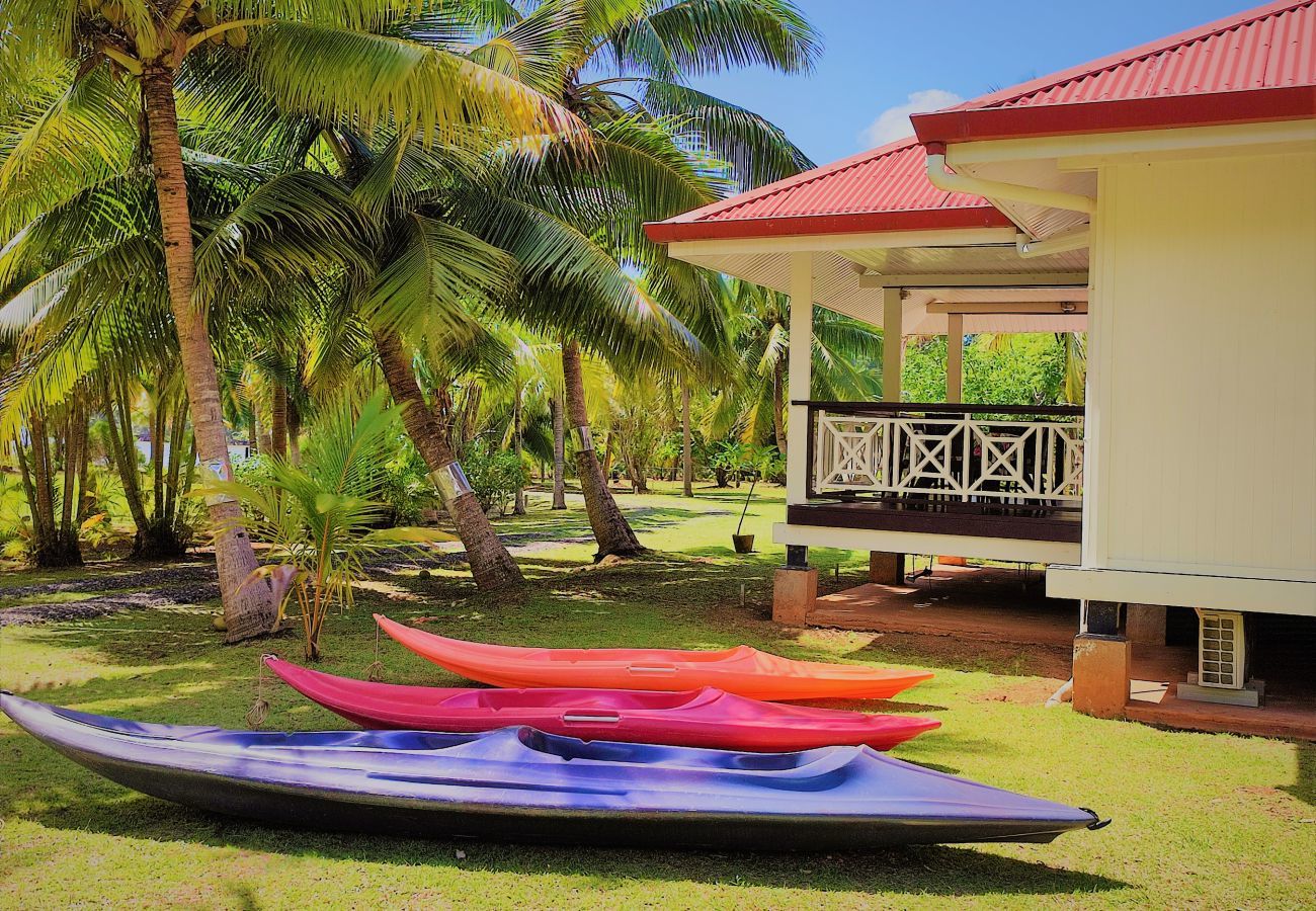 Ferienhaus in Huahine auf der Strandseite, mit Kajaks und Garten mit Bäumen.