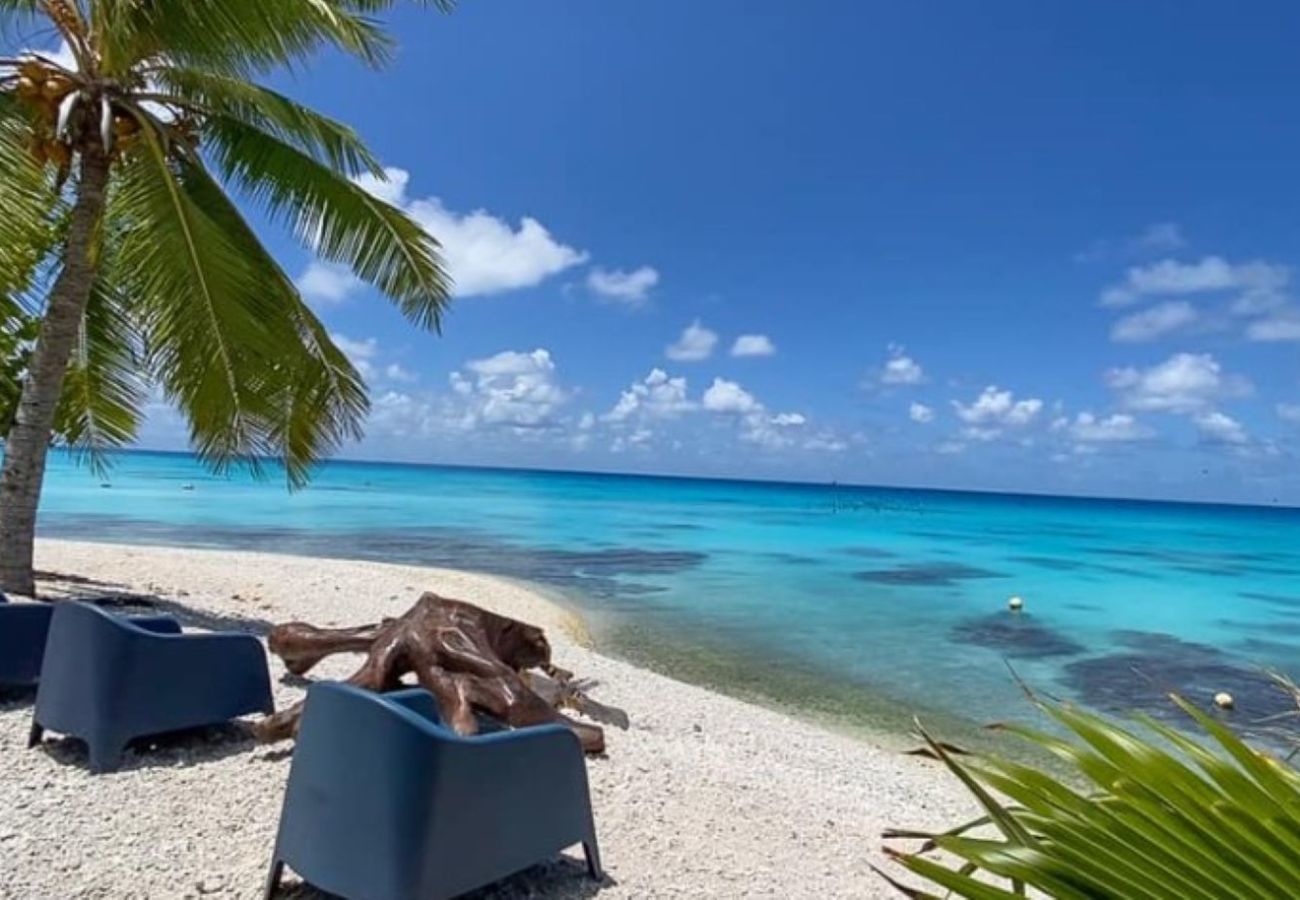 private Insel mit weißem Sandstrand und türkisfarbener Lagune, Rangiroa